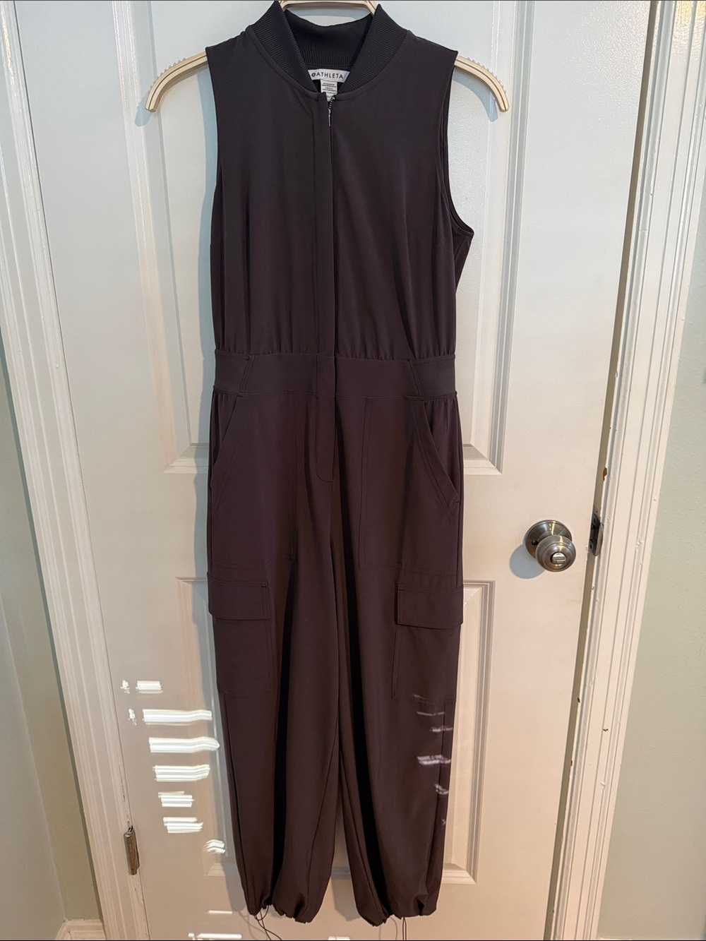 Athleta sleeveless zip-front cargo jumpsuit in plum